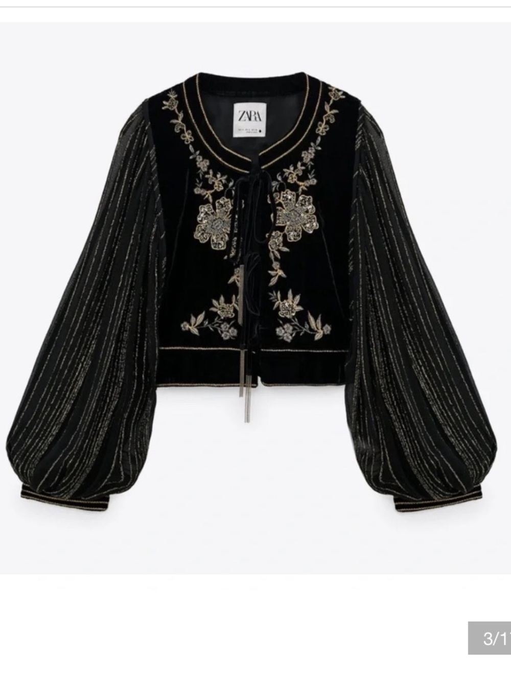 Zara Black Velvet Embroidered Tie-Front Jacket with Metallic-Trim Sleeves